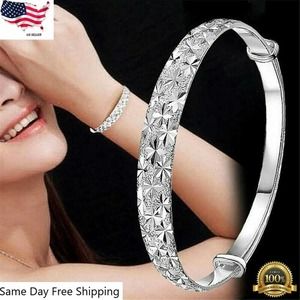 Silver Plated Chain Bangle Cuff Charm Bracelet Fashion Jewelry Lab-Created